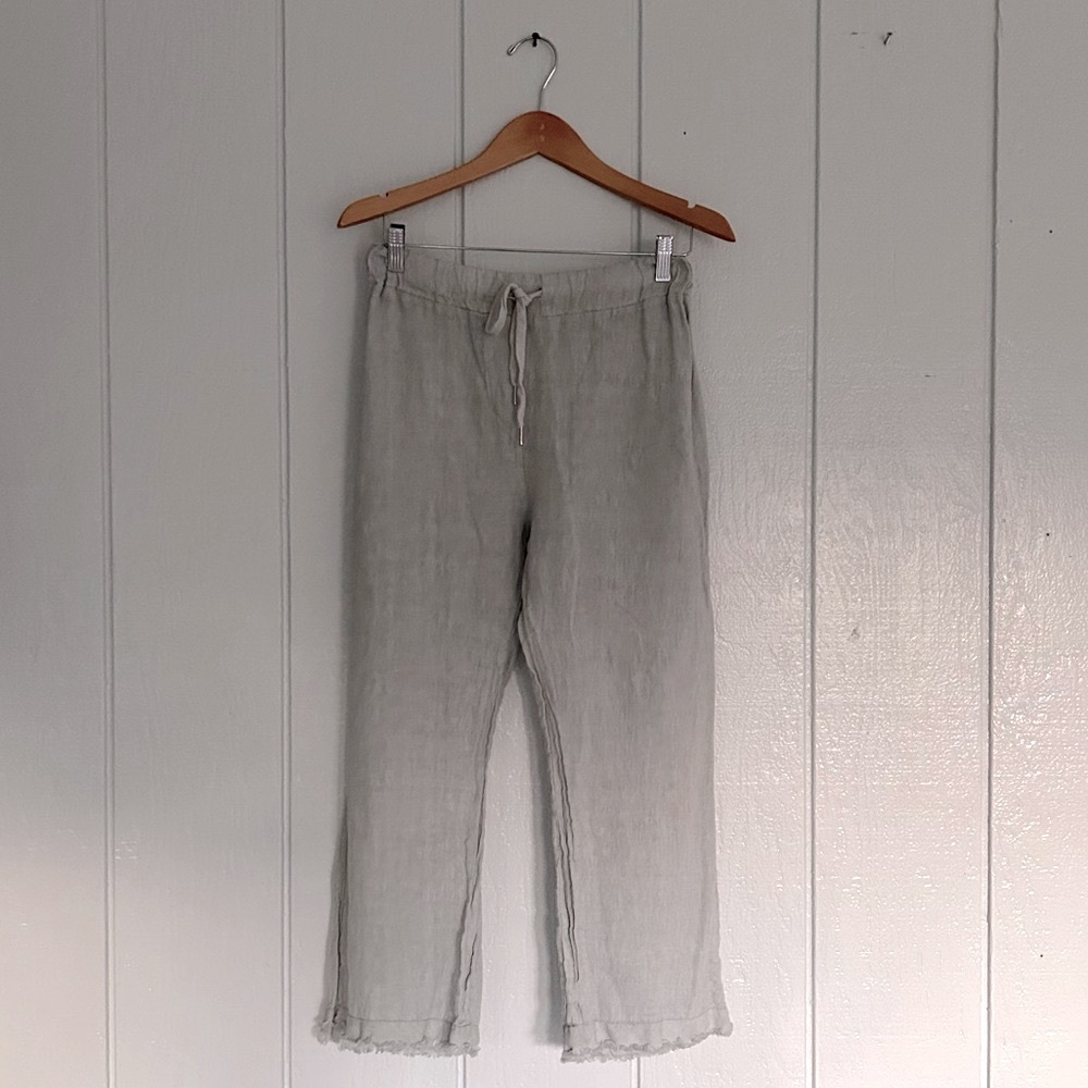 Made in Italy | 100% Linen Palazzo Trousers with Fringe Hem – Light Gray